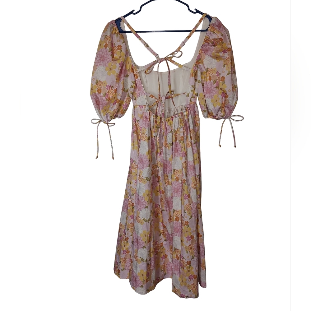 For Love And Lemons Carrie Floral Milkmaid Style Midi Dress With Puff Sleeves - Picture 4 of 6